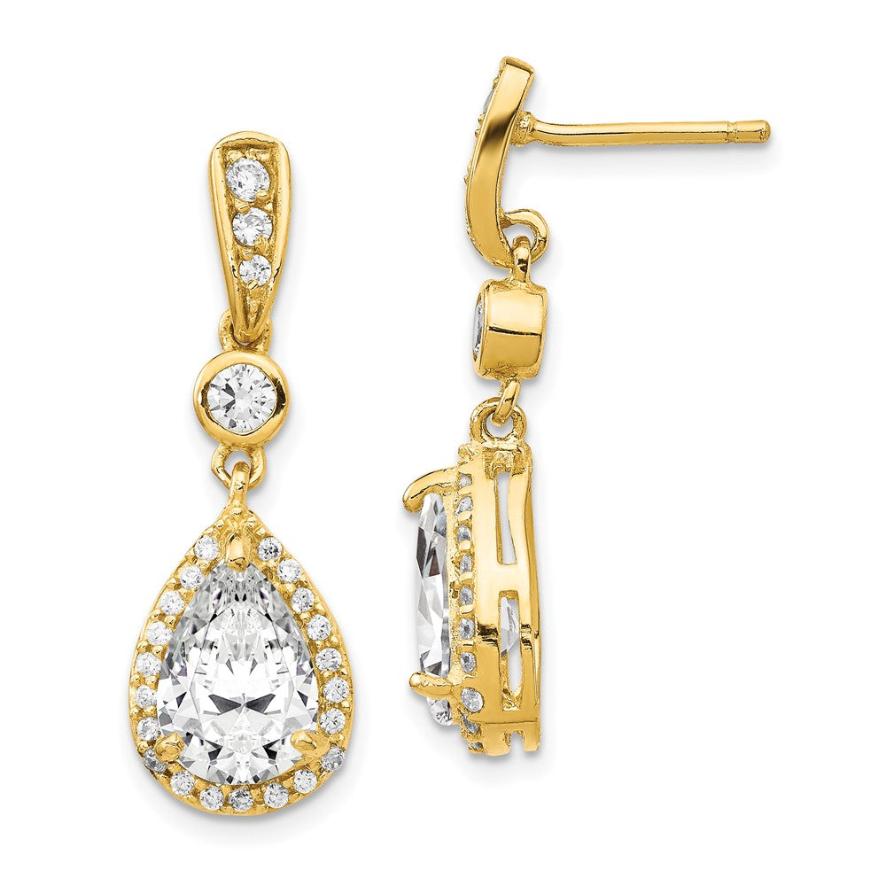 Cheryl M Sterling Silver Gold-plated Brilliant-cut CZ Teardrop and Bezel Halo Post Dangle Earrings