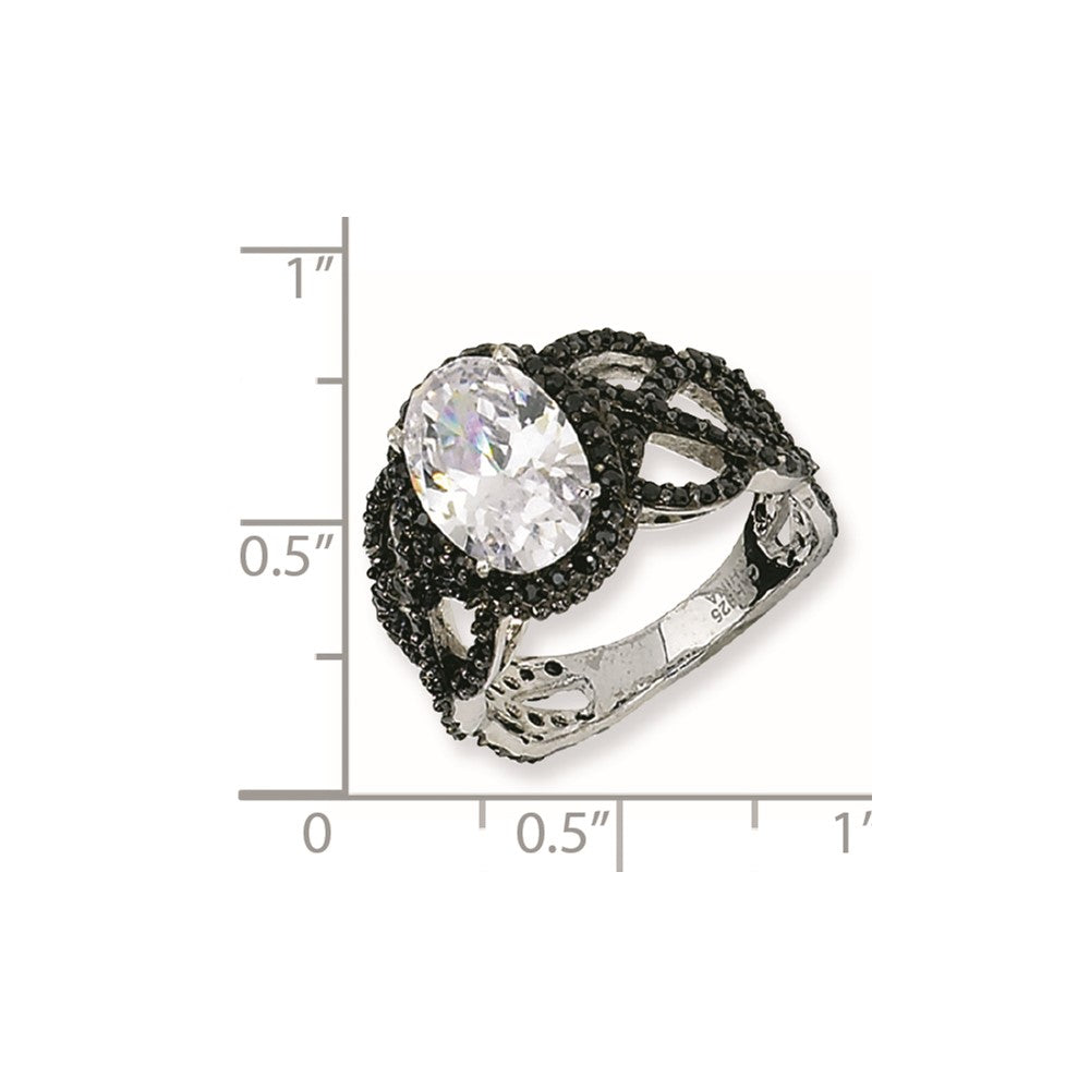 Sterling Silver Black-plated Fancy Oval Black/Wht CZ Ring