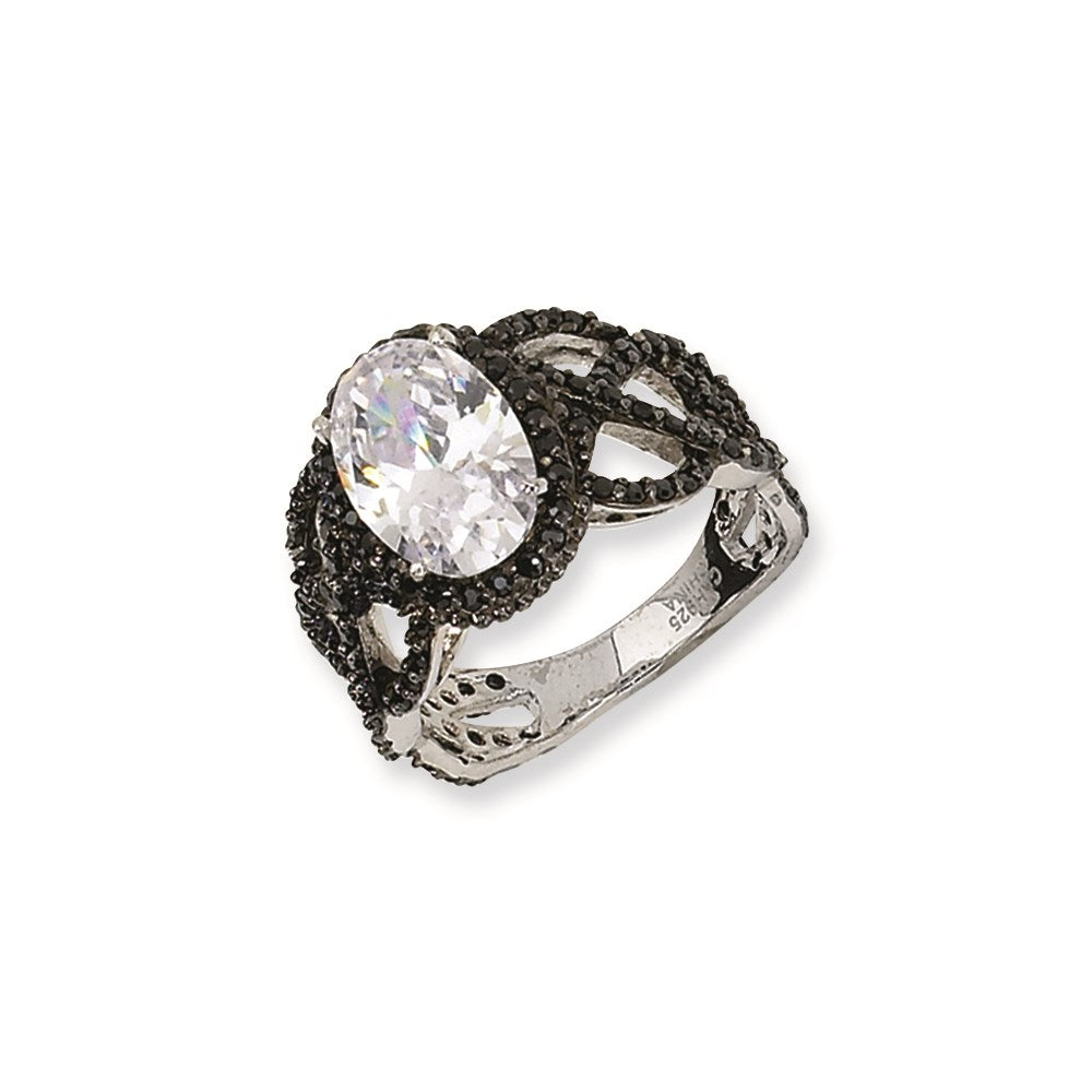 Sterling Silver Black-plated Fancy Oval Black/Wht CZ Ring