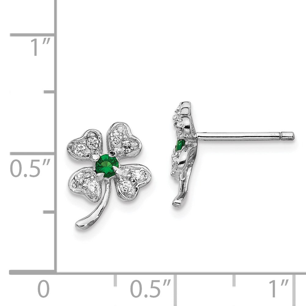 Cheryl M Sterling Silver Rhodium-plated Brilliant-cut Green Glass and Brilliant-cut White CZ Four Leaf Clover Post Earrings