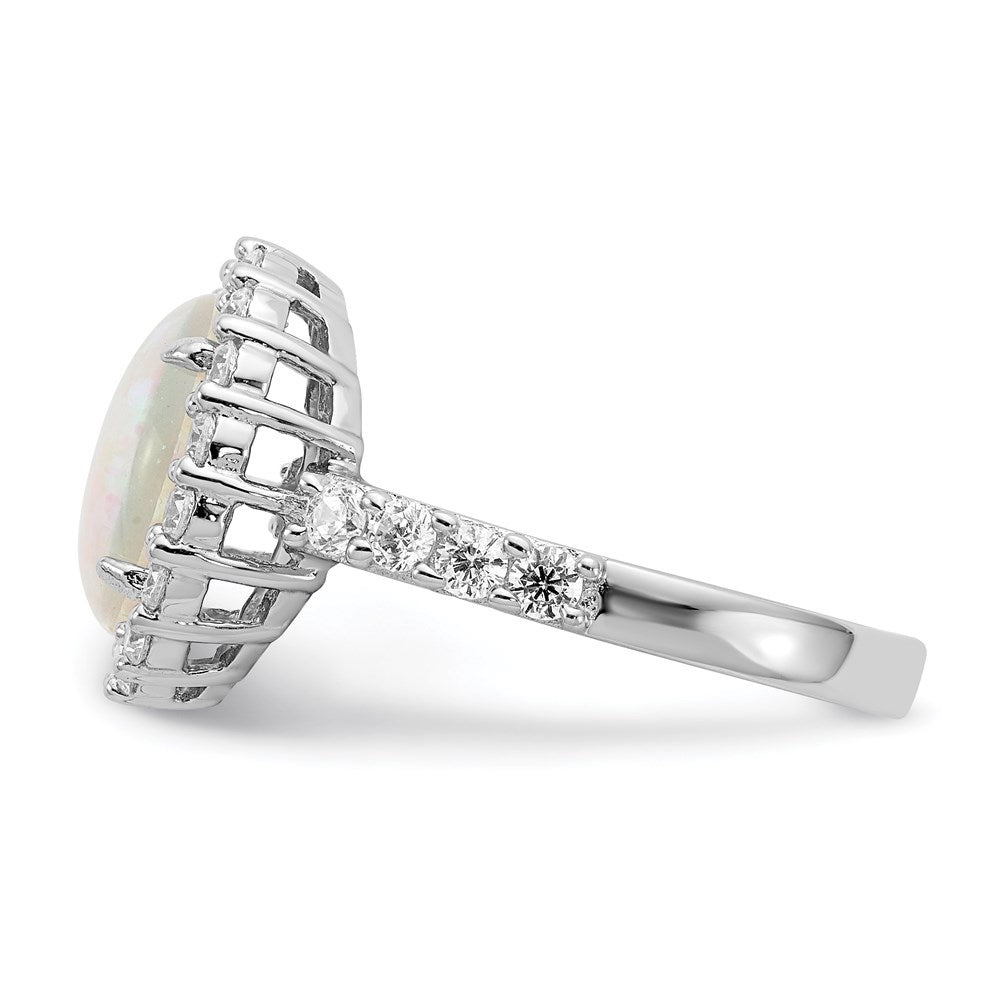 Cheryl M Sterling Silver Rhodium-plated Cabochon Lab Created Opal and Brilliant-cut CZ Halo Ring