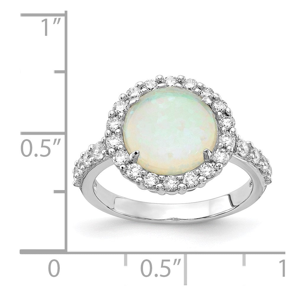 Cheryl M Sterling Silver Rhodium-plated Cabochon Lab Created Opal and Brilliant-cut CZ Halo Ring