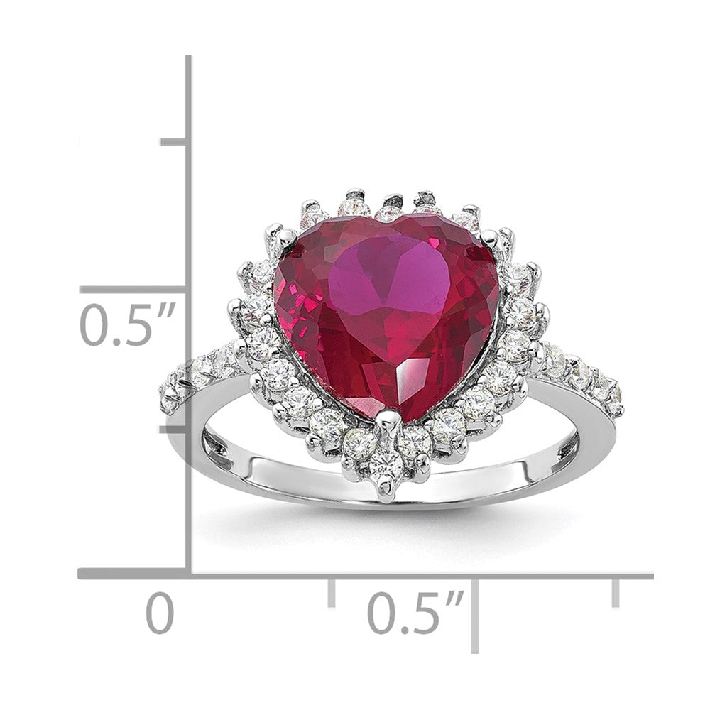 Cheryl M Sterling Silver Rhodium-plated 100 Facet Lab Created Ruby and Brilliant-cut White CZ Heart Halo Ring