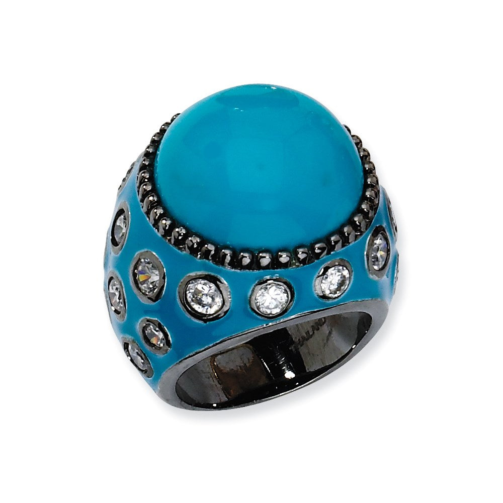Black-plated Sterling Silver Enameled Simulated Turquoise & CZ Ring