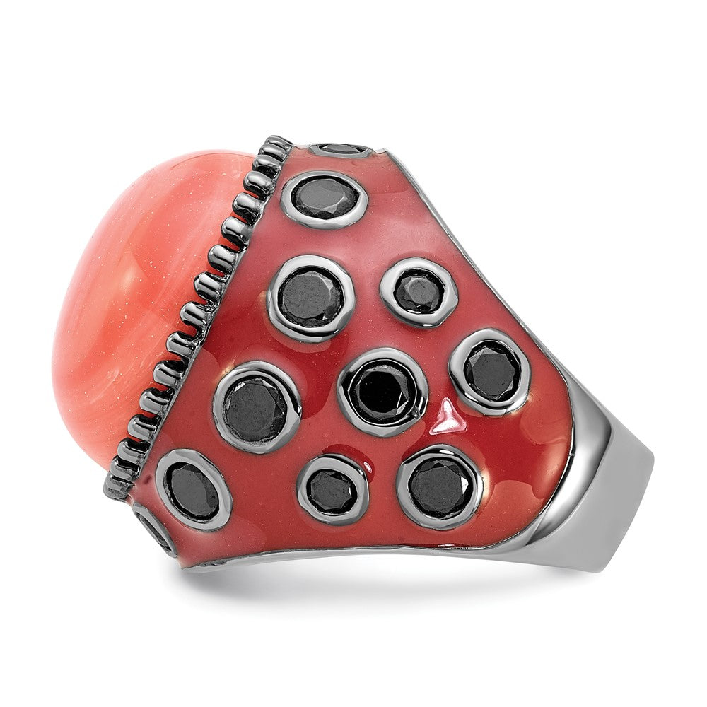 Sterling Silver Black-plated & Enameled Simulated Red Coral & CZ Ring