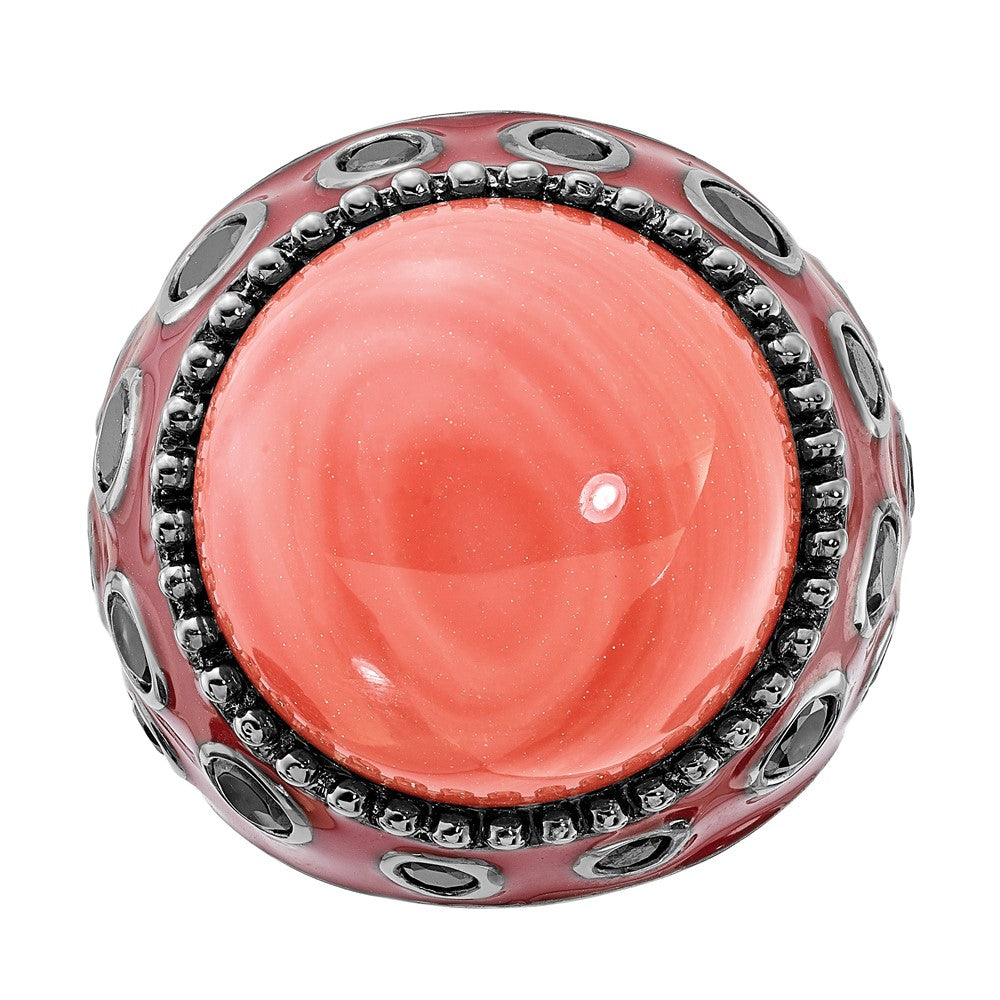 Sterling Silver Black-plated & Enameled Simulated Red Coral & CZ Ring
