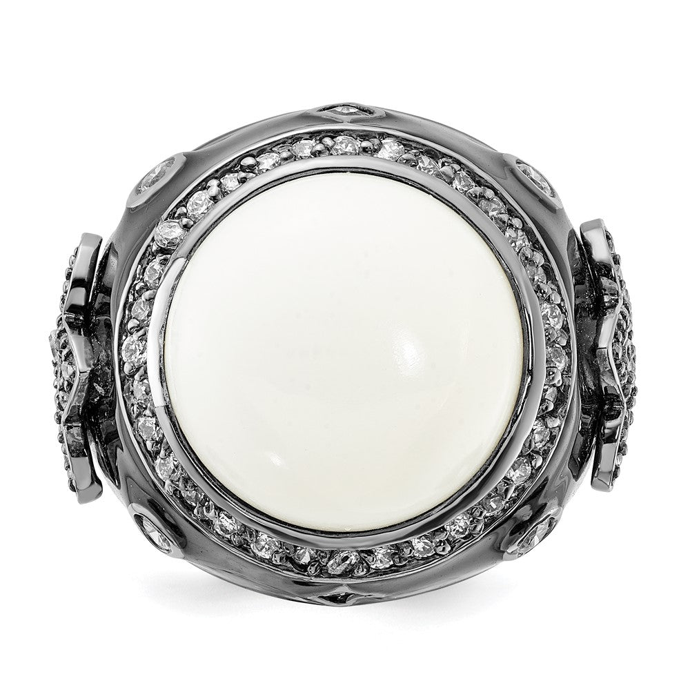 Sterling Silver Black Rhodium-plated Black Enamel Simulated White Agate & CZ Fleur de Lis Ring