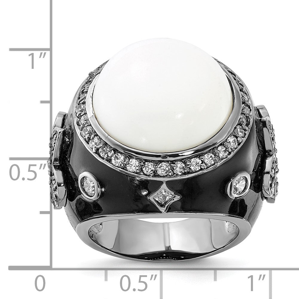 Sterling Silver Black Rhodium-plated Black Enamel Simulated White Agate & CZ Fleur de Lis Ring