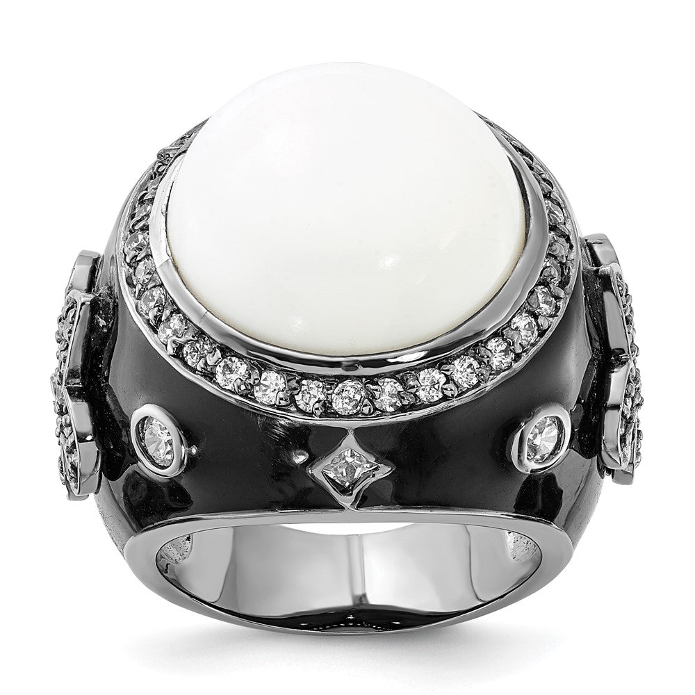 Sterling Silver Black Rhodium-plated Black Enamel Simulated White Agate & CZ Fleur de Lis Ring