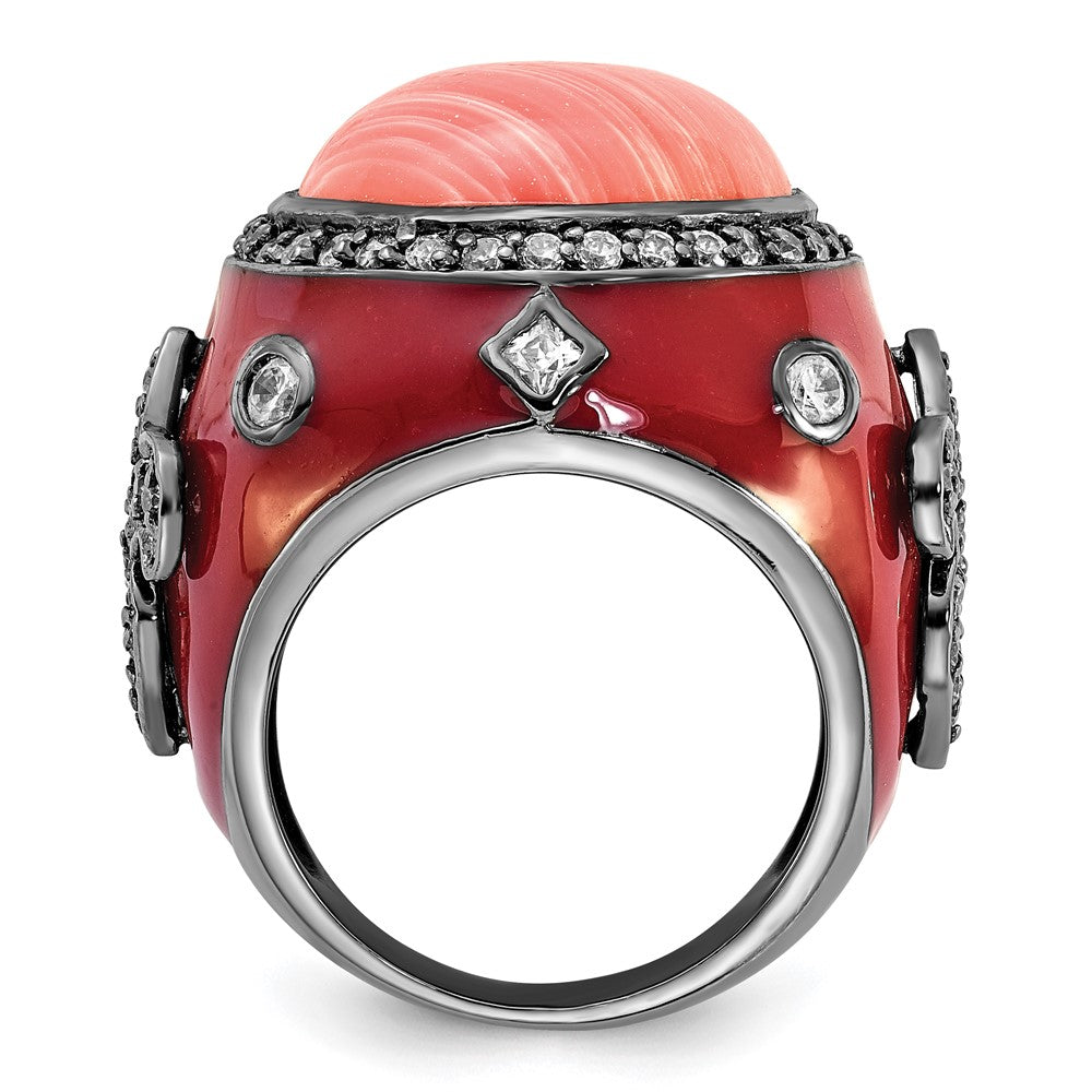 Sterling Silver Black Rhodium-plated Red Enamel Simulated Coral & CZ Fleur de Lis Ring