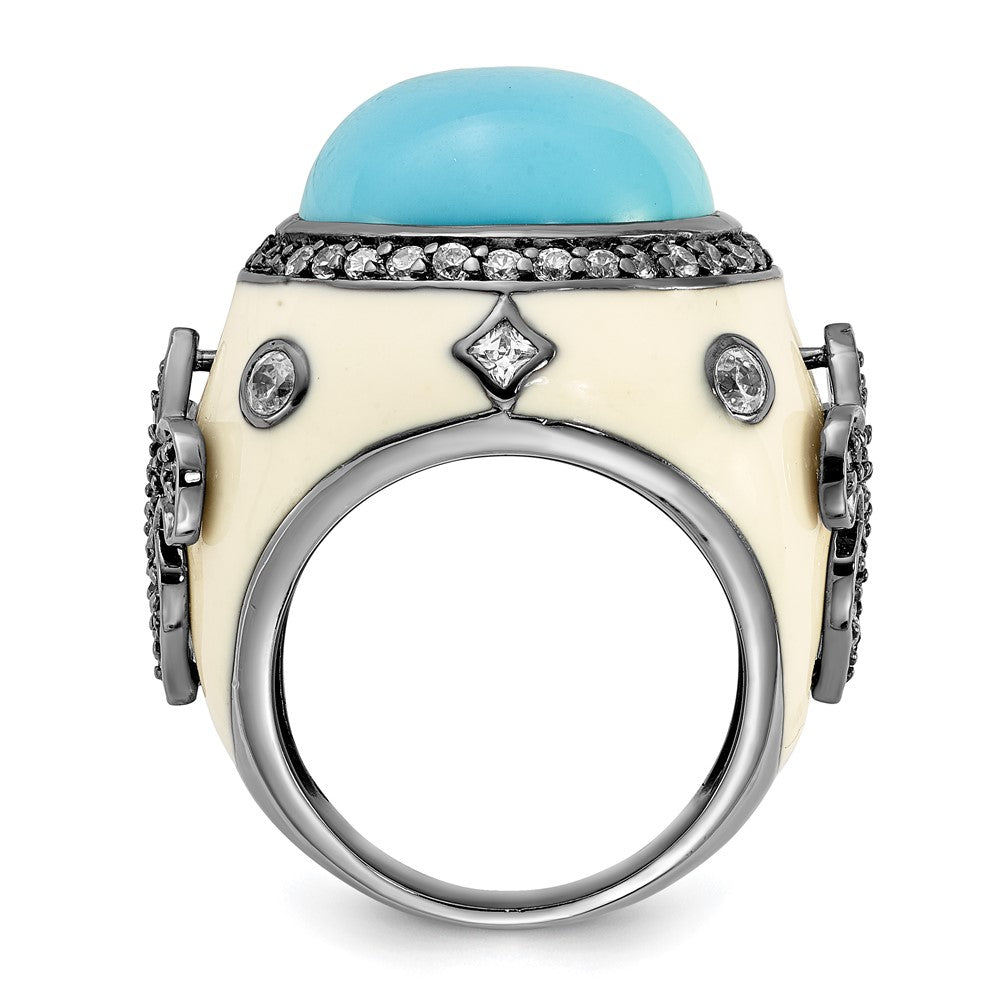 Sterling Silver Black Rhodium-plated White Enamel Simulated Turquoise & CZ Fleur de Lis Ring