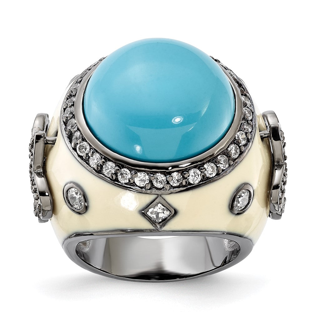 Sterling Silver Black Rhodium-plated White Enamel Simulated Turquoise & CZ Fleur de Lis Ring
