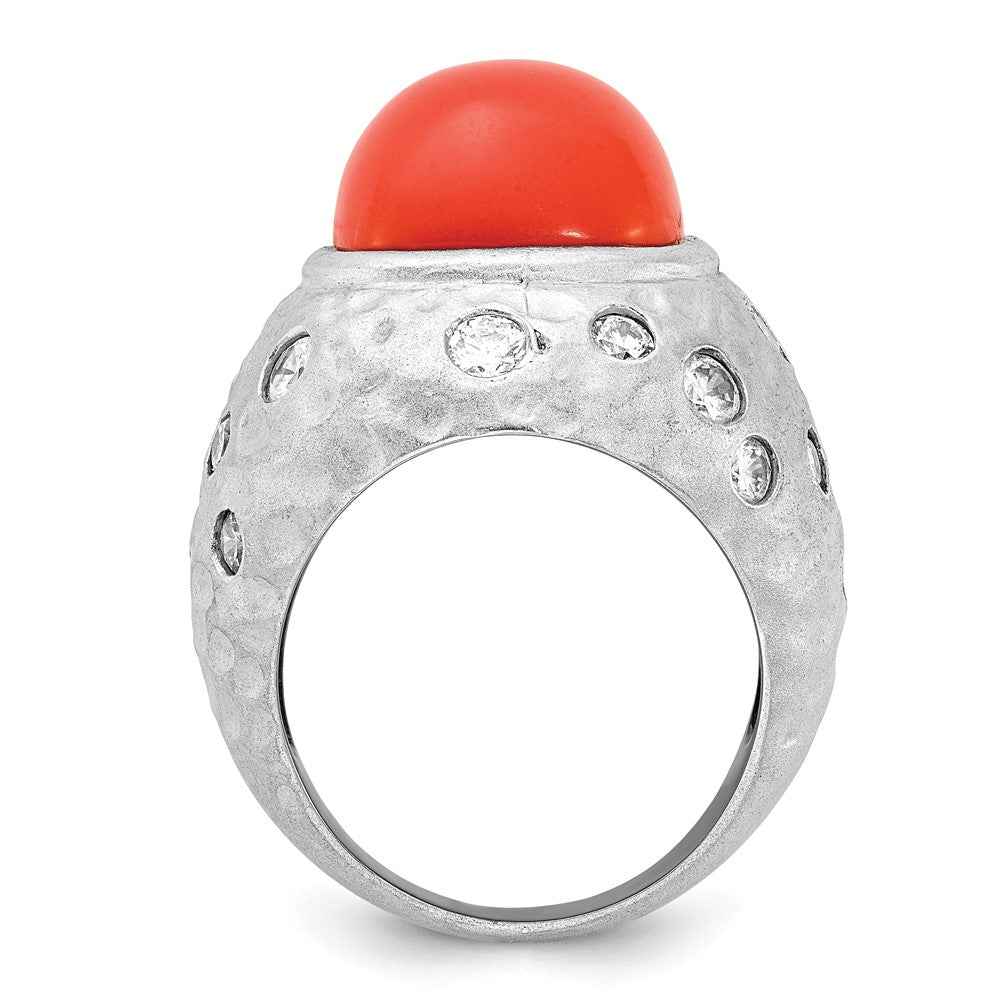 Cheyl M Sterling Silver Satin Simulated Red Coral & CZ Ring