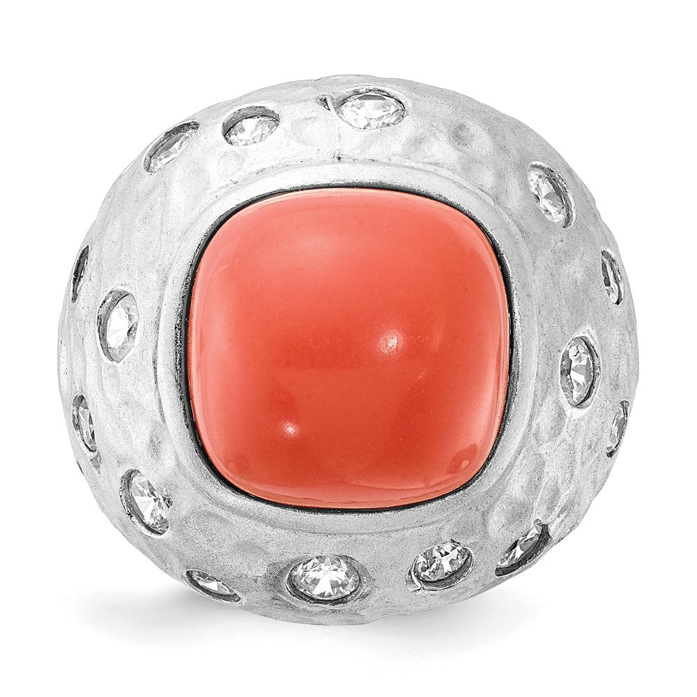 Cheyl M Sterling Silver Satin Simulated Red Coral & CZ Ring