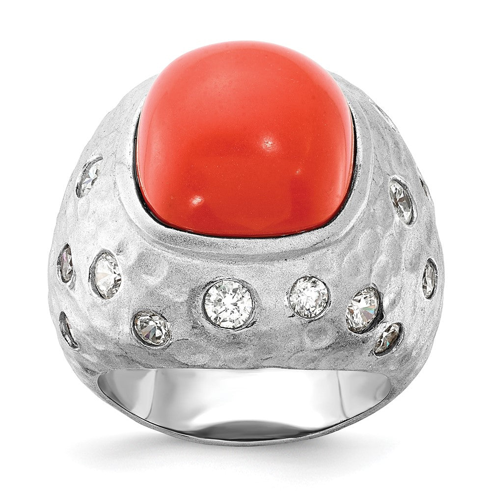 Cheyl M Sterling Silver Satin Simulated Red Coral & CZ Ring