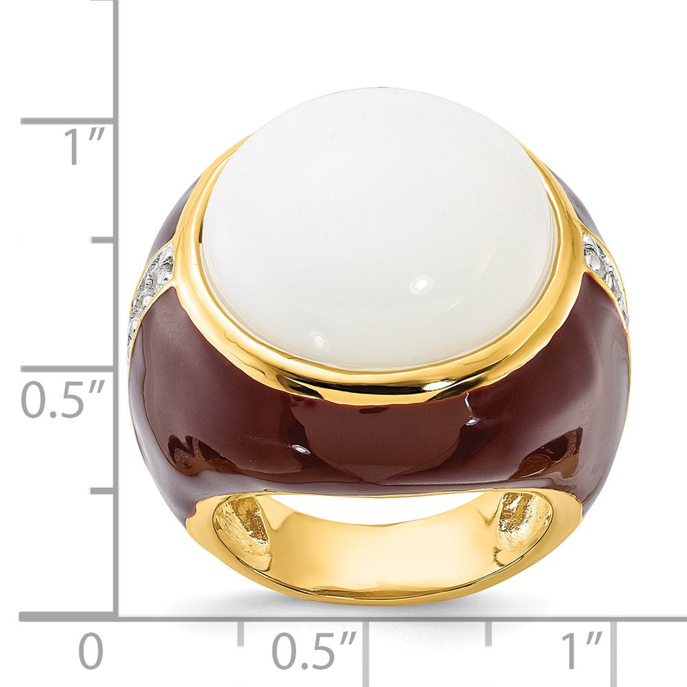 Sterling Silver Gold-plated Brown Enamel Simulated White Agate & CZ Ring