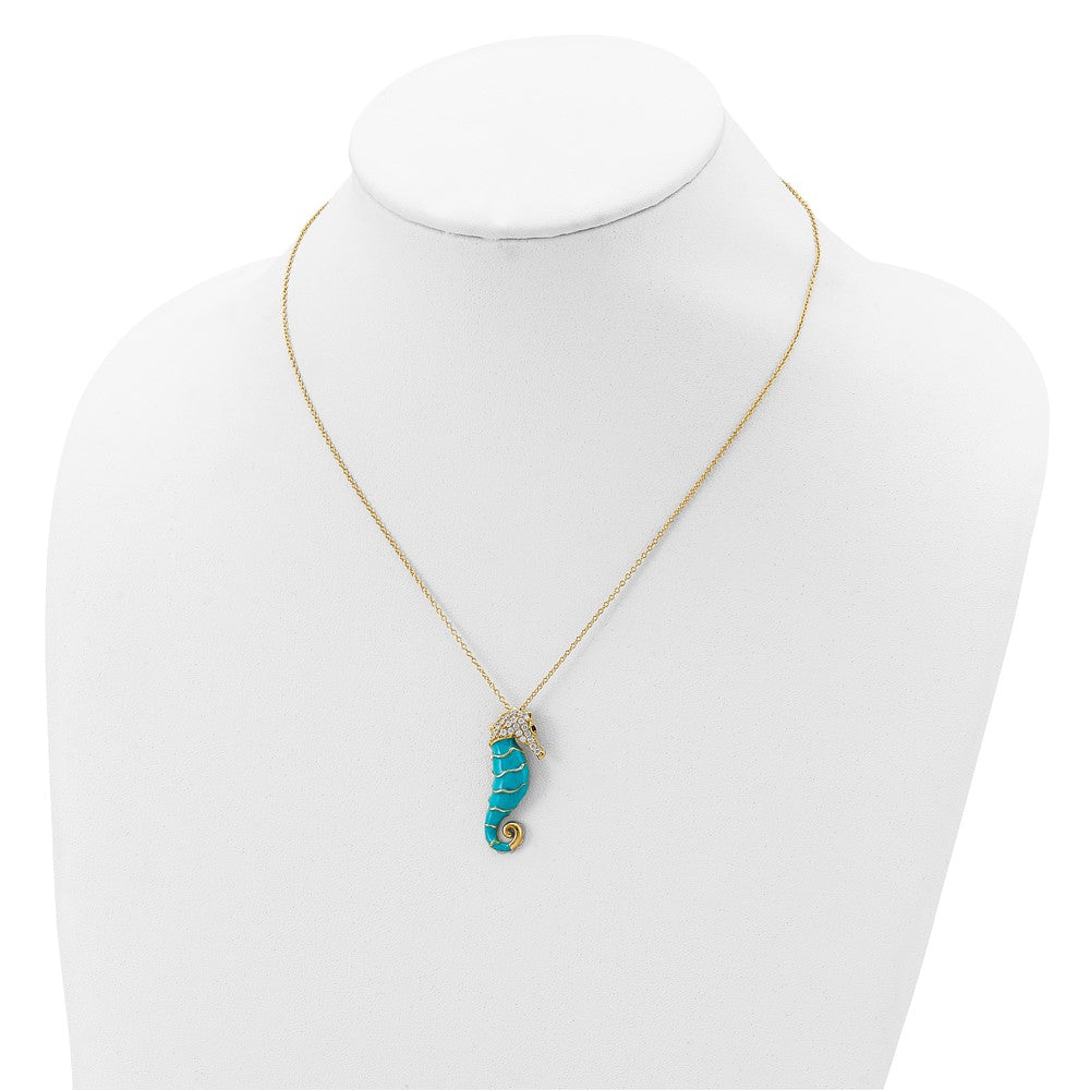 Cheryl M Sterling Silver Gold-plated Enameled Brilliant-cut Black and White CZ Seahorse 18 Inch Necklace