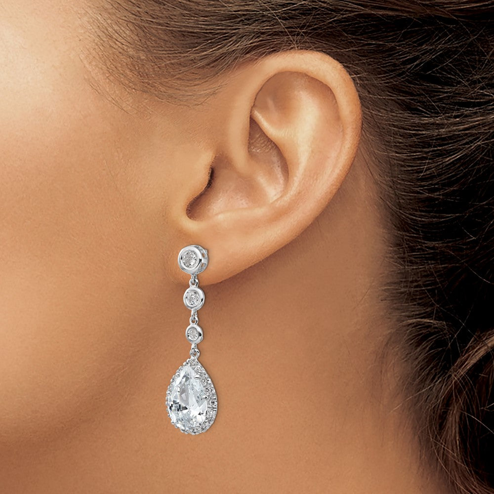 Cheryl M Sterling Silver Rhodium-plated Brilliant-cut CZ Bezel & Teardrop Halo Post Dangle Earrings