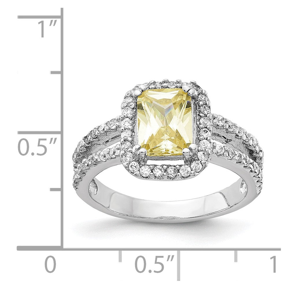 Cheryl M Sterling Silver Rhodium-plated Fancy Yellow Elongated Cushion-cut and White Brilliant-cut CZ Halo Ring