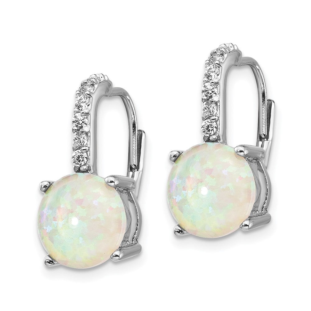 Cheryl M Sterling Silver Rhodium-plated Cabochon Lab Created Opal and Brilliant-cut CZ Leverback Earrings