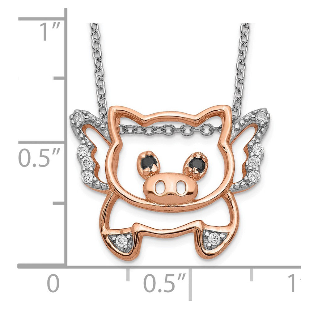 Cheryl M Sterling Silver Rose Gold-plated Brilliant-cut Black Glass and Brilliant-cut White CZ Flying Pig 18 Inch Necklace