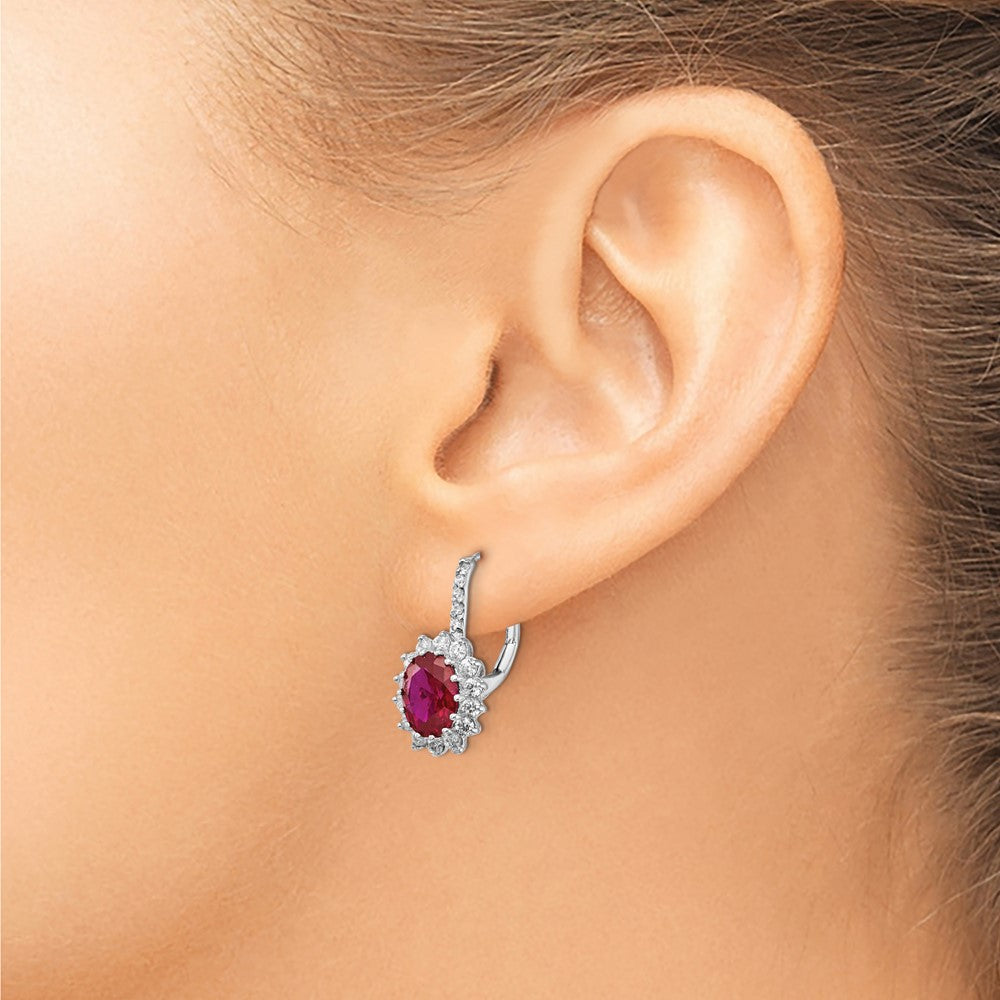 Cheryl M Sterling Silver Rhodium-plated Brilliant-cut Lab Created Ruby and Brilliant-cut White CZ Oval Halo Leverback Earr...