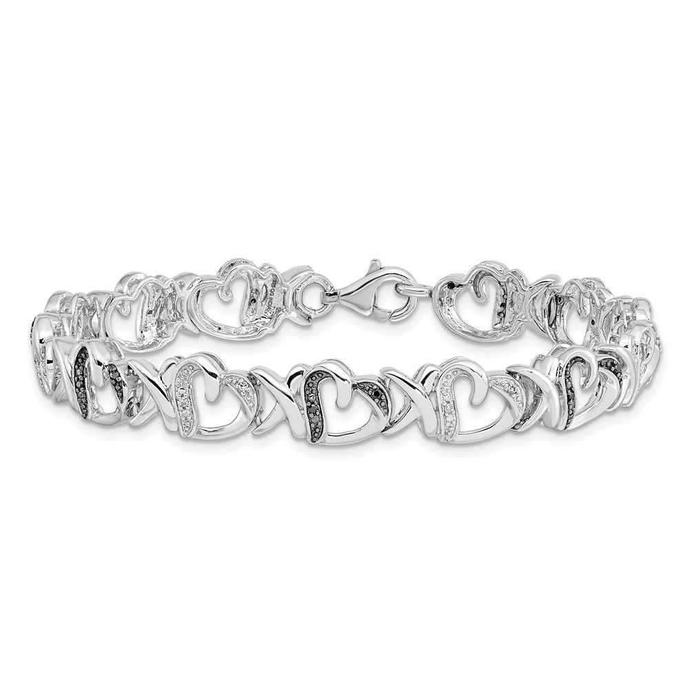 White Night Sterling Silver Rhodium-plated Black and White Diamond Heart 7.5 Inch Bracelet