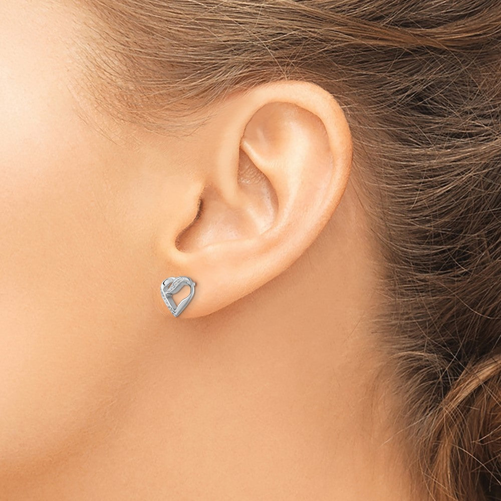 Sterling Silver Rhodium Diamond Heart Post Earrings