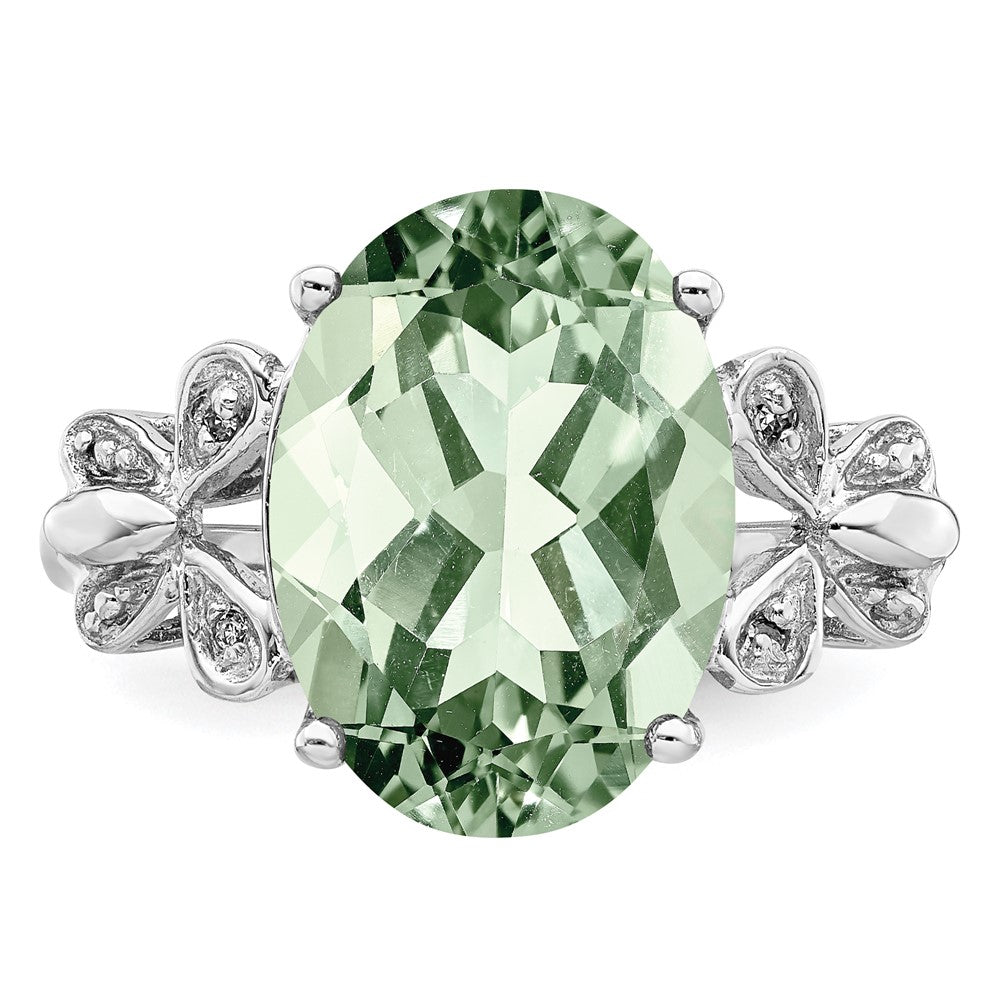 Sterling Silver Rhodium Green Quartz & Diamond Ring