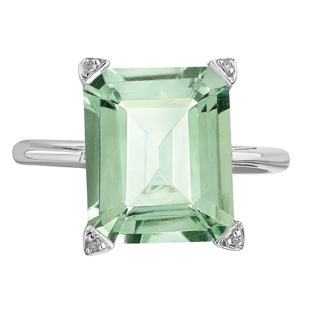 Sterling Silver Rhodium Green Quartz Diamond Ring