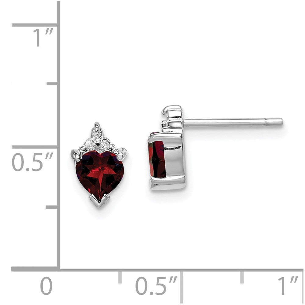 Sterling Silver Rhodium Plated Heart Garnet and Diamond Post Earrings