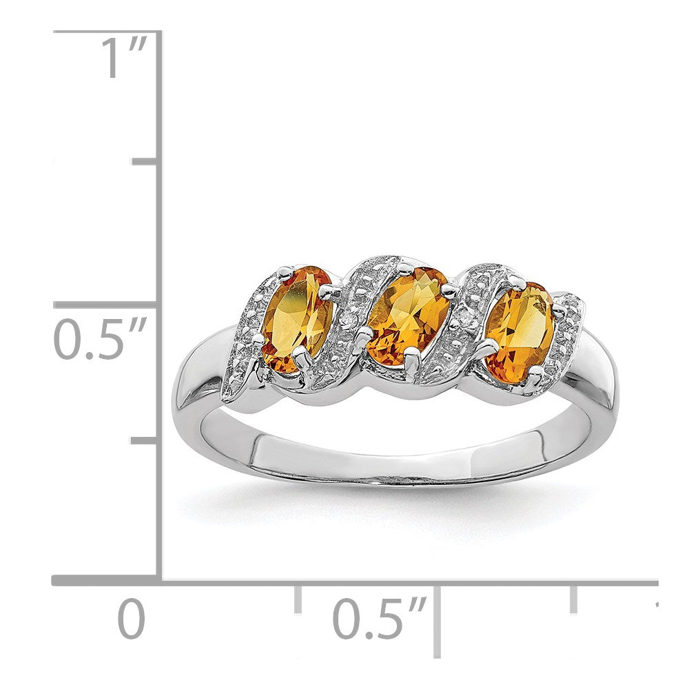 Sterling Silver Rhodium 3 Stone Citrine & Diamond Ring