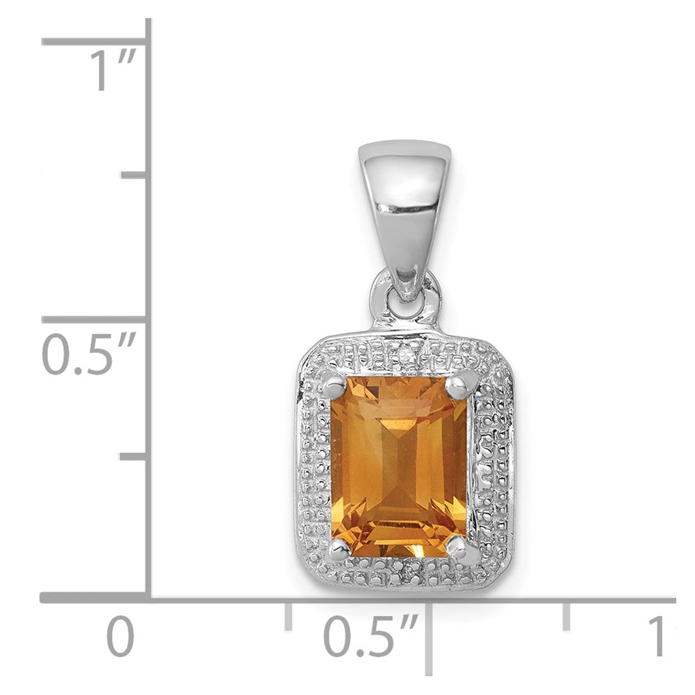 Sterling Silver Rhodium Emerald-cut Citrine & Diamond Pendant