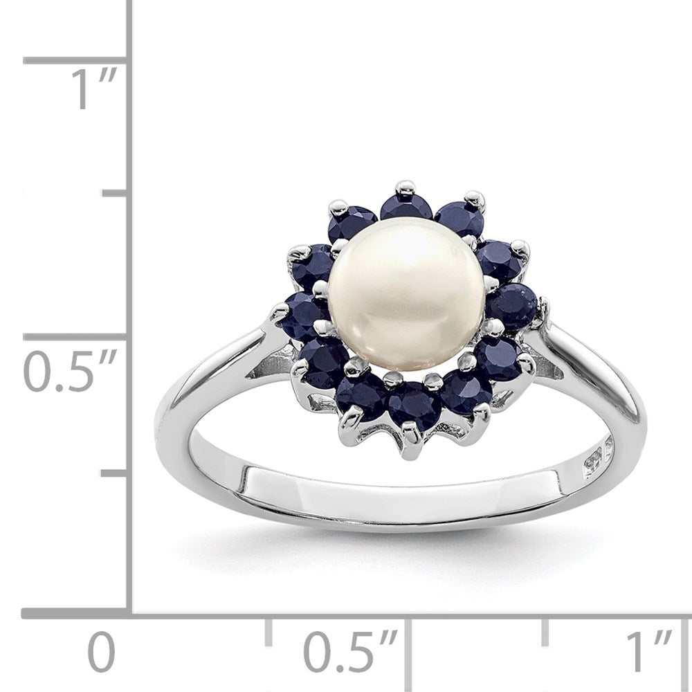 Sterling Silver Rhodium 6mm FW Cultured Button Pearl & Sapphire Ring