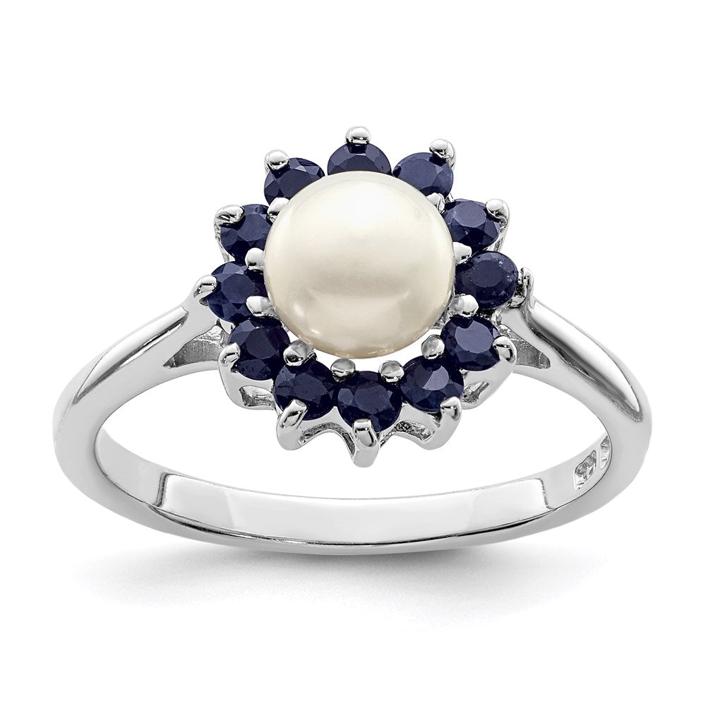 Sterling Silver Rhodium 6mm FW Cultured Button Pearl & Sapphire Ring