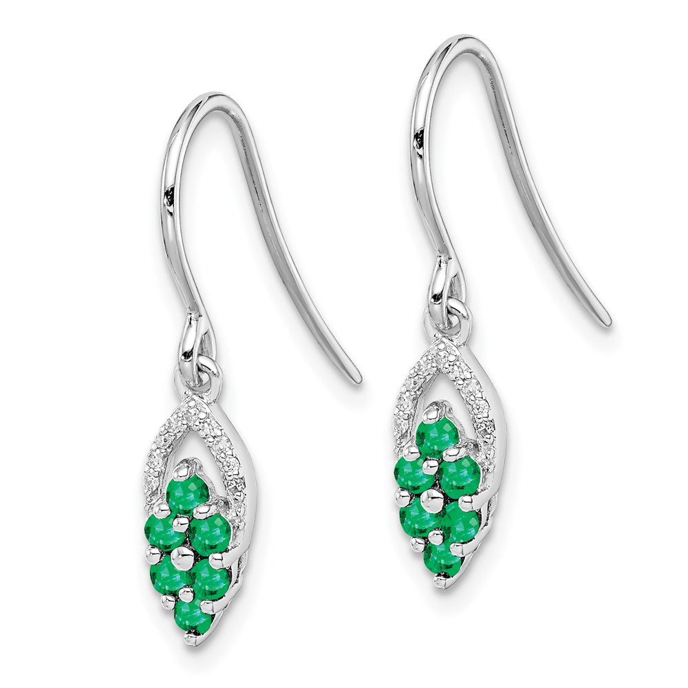 Sterling Silver Rhodium-plated Diam. & Emerald Shepherd Hook Earrings