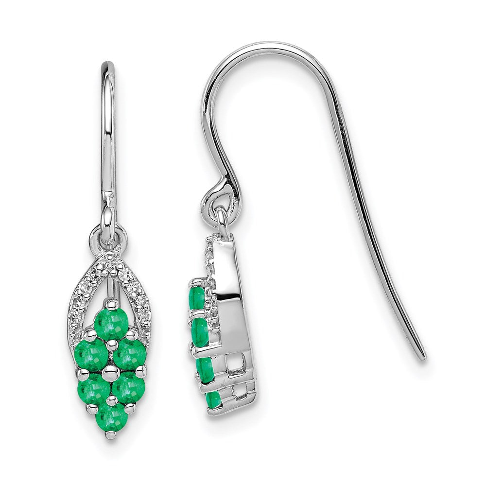 Sterling Silver Rhodium-plated Diam. & Emerald Shepherd Hook Earrings