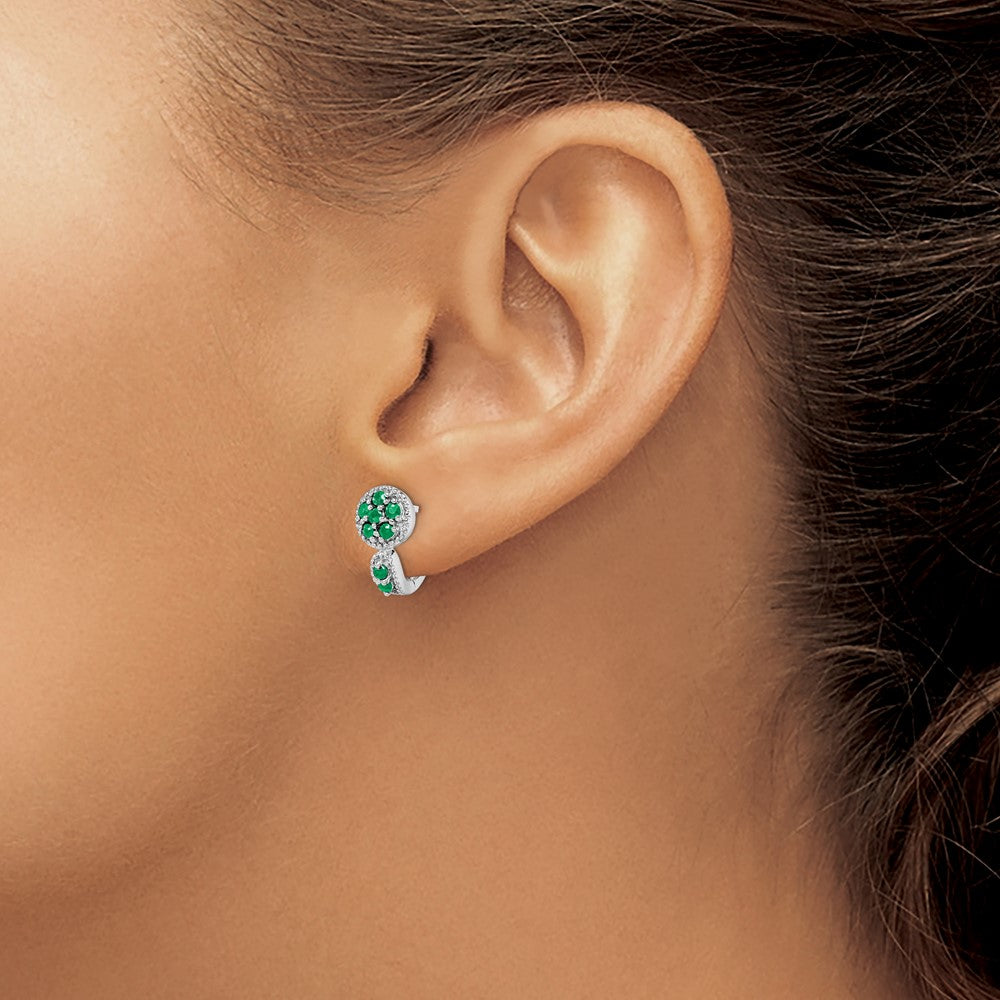 Sterling Silver Rhodium-plated Emerald Circle Hinged Earrings