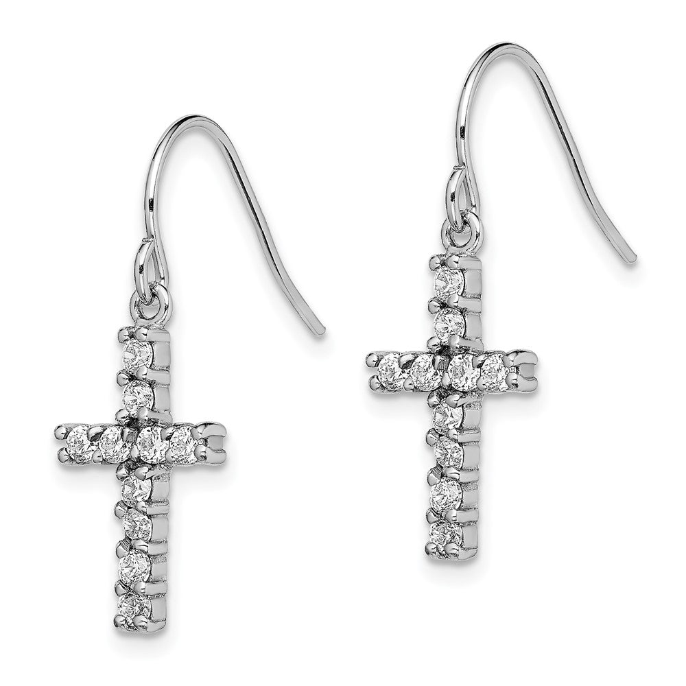Sterling Silver Rhodium-plated Polished CZ Latin Cross Dangle Earrings