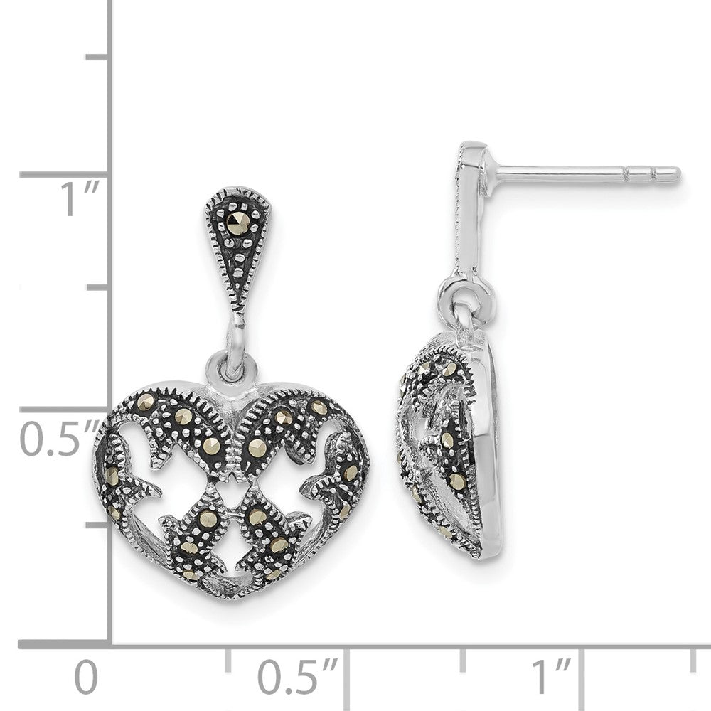 Sterling Silver Antiqued Marcasite Heart Dangle Post Earrings