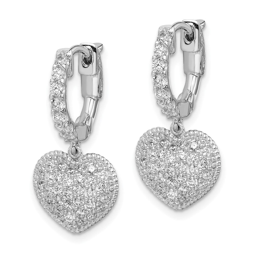 Sterling Shimmer Sterling Silver Rhodium-plated 86 Stone CZ Pav√á Heart Dangle Hinged Hoop Earrings