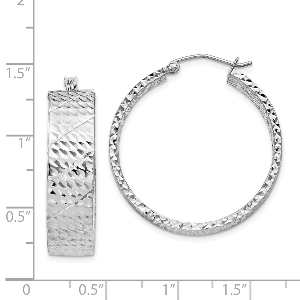 Sterling Silver Rhodium-plated Diamond-cut 7.75x30mm Hoop Earrings