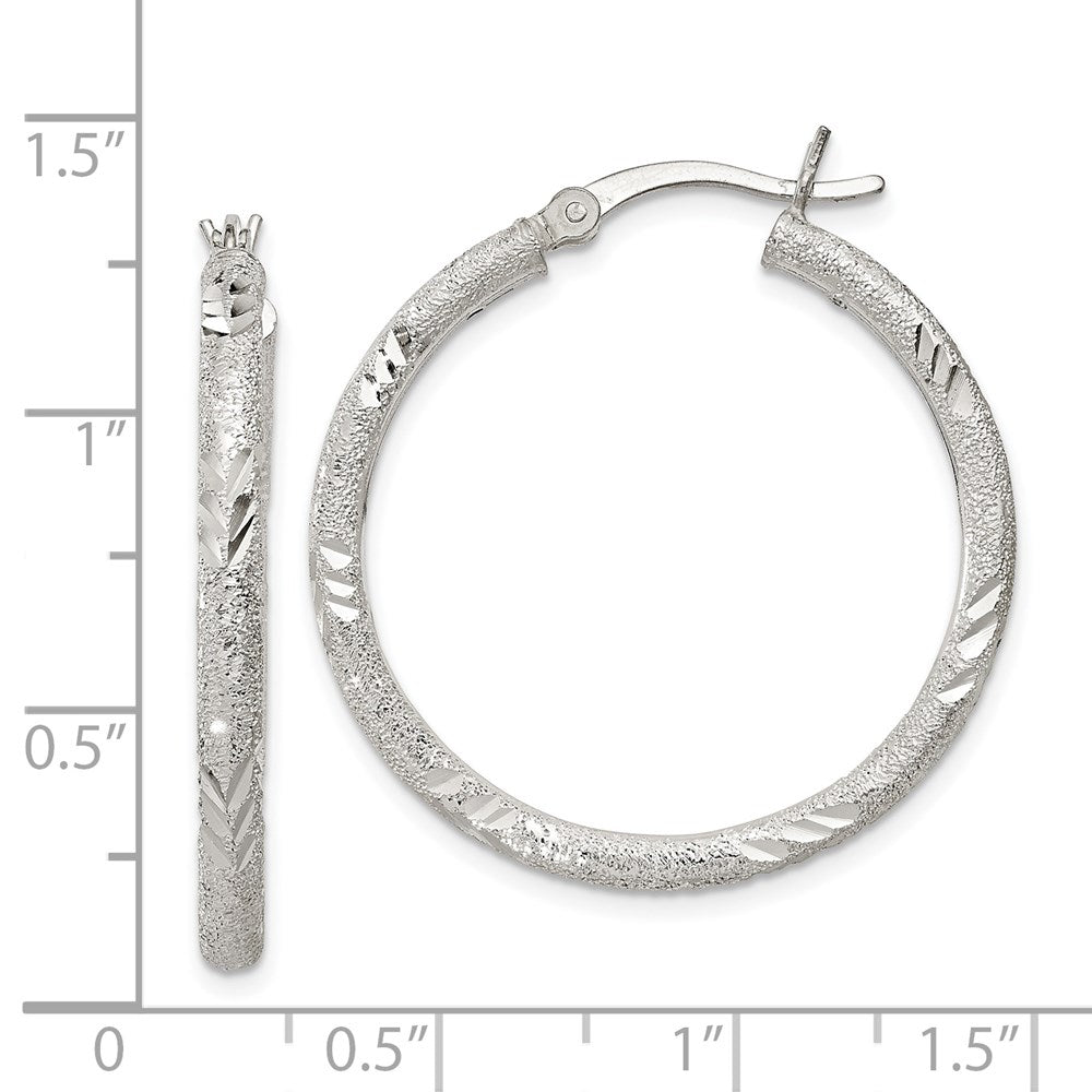 Sterling Silver 2.5mm Diamond-cut Laser-cut Hinged Hoop Earrings