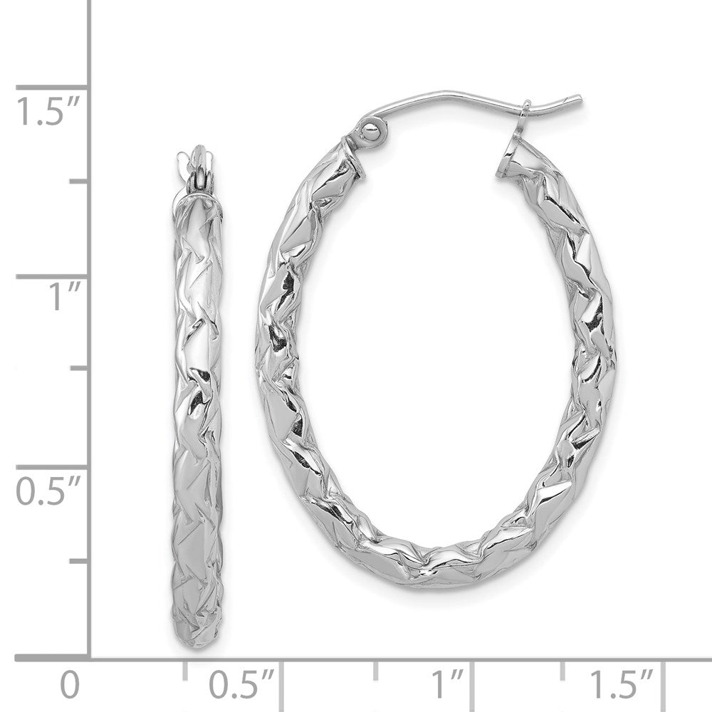 Sterling Silver RH-plated D/C Textured 3mm Oval Hoop Earrings