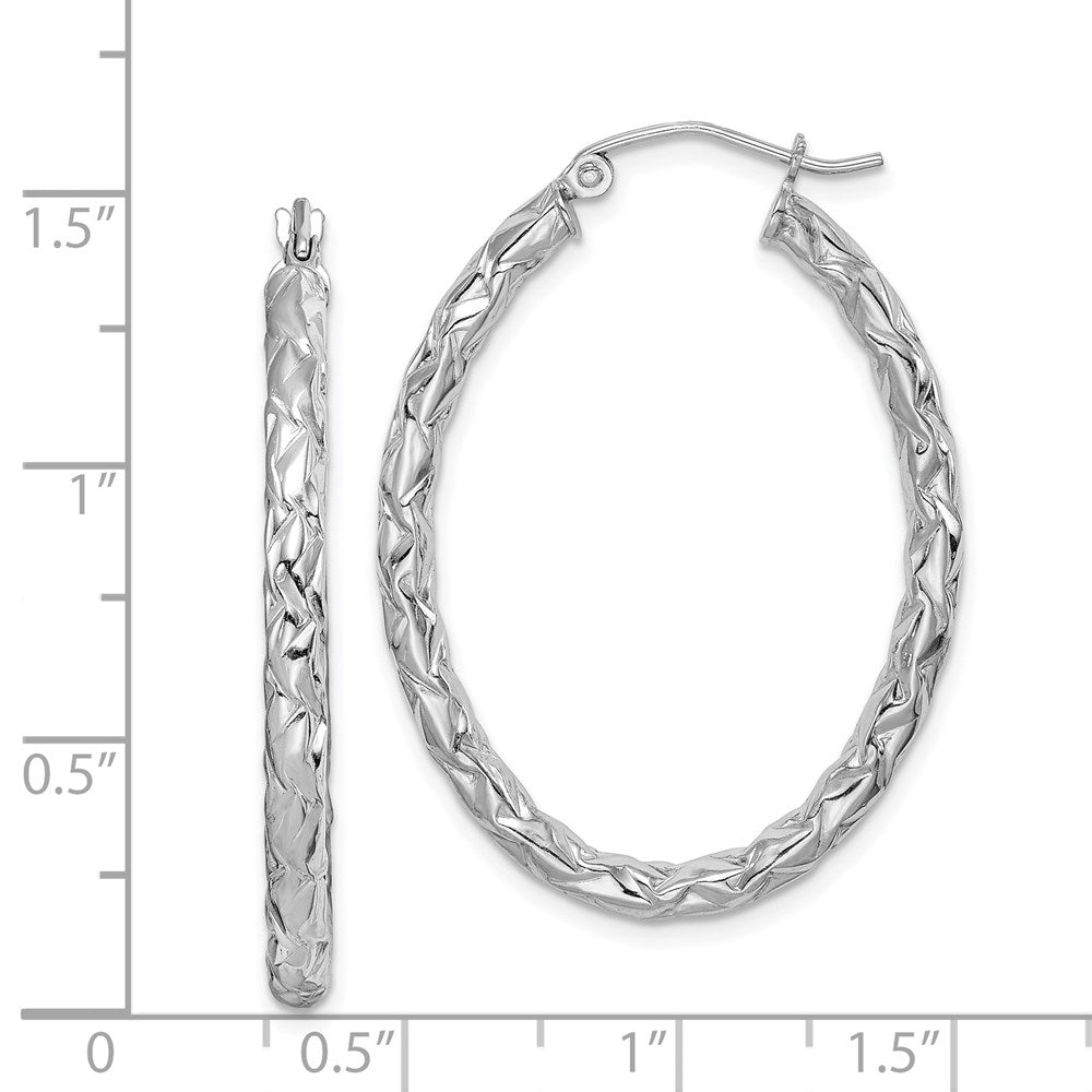 Sterling Silver RH-plated D/C Textured 3mm Oval Hoop Earrings