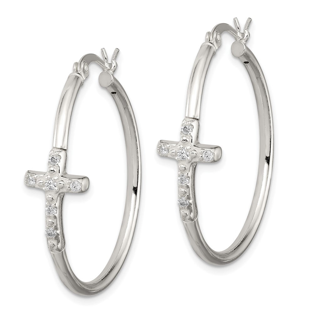 Sterling Silver Polished CZ Cross 2.5mm Round Hoop Earrings