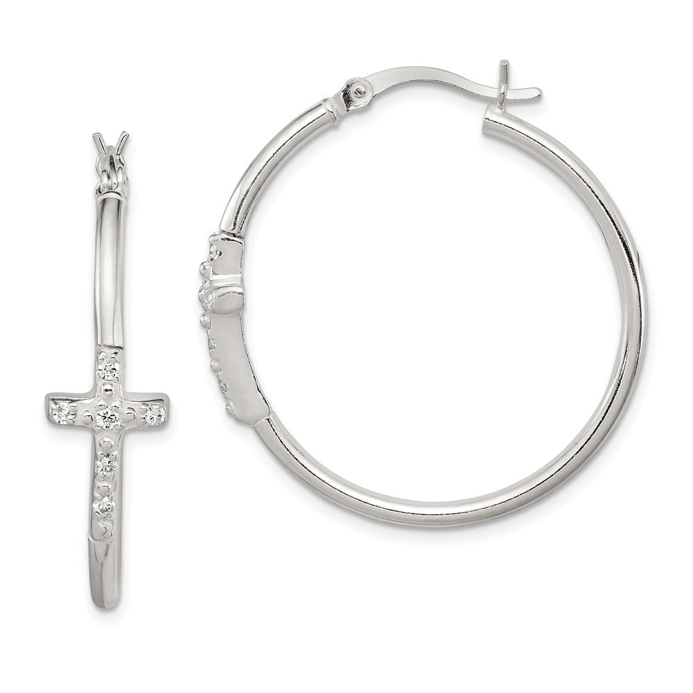 Sterling Silver Polished CZ Cross 2.5mm Round Hoop Earrings