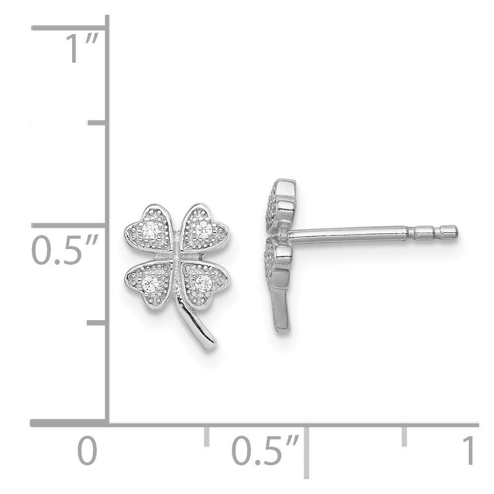 Sterling Silver Rhodium-plated Polished CZ 4 Leaf Clover Post Earrings