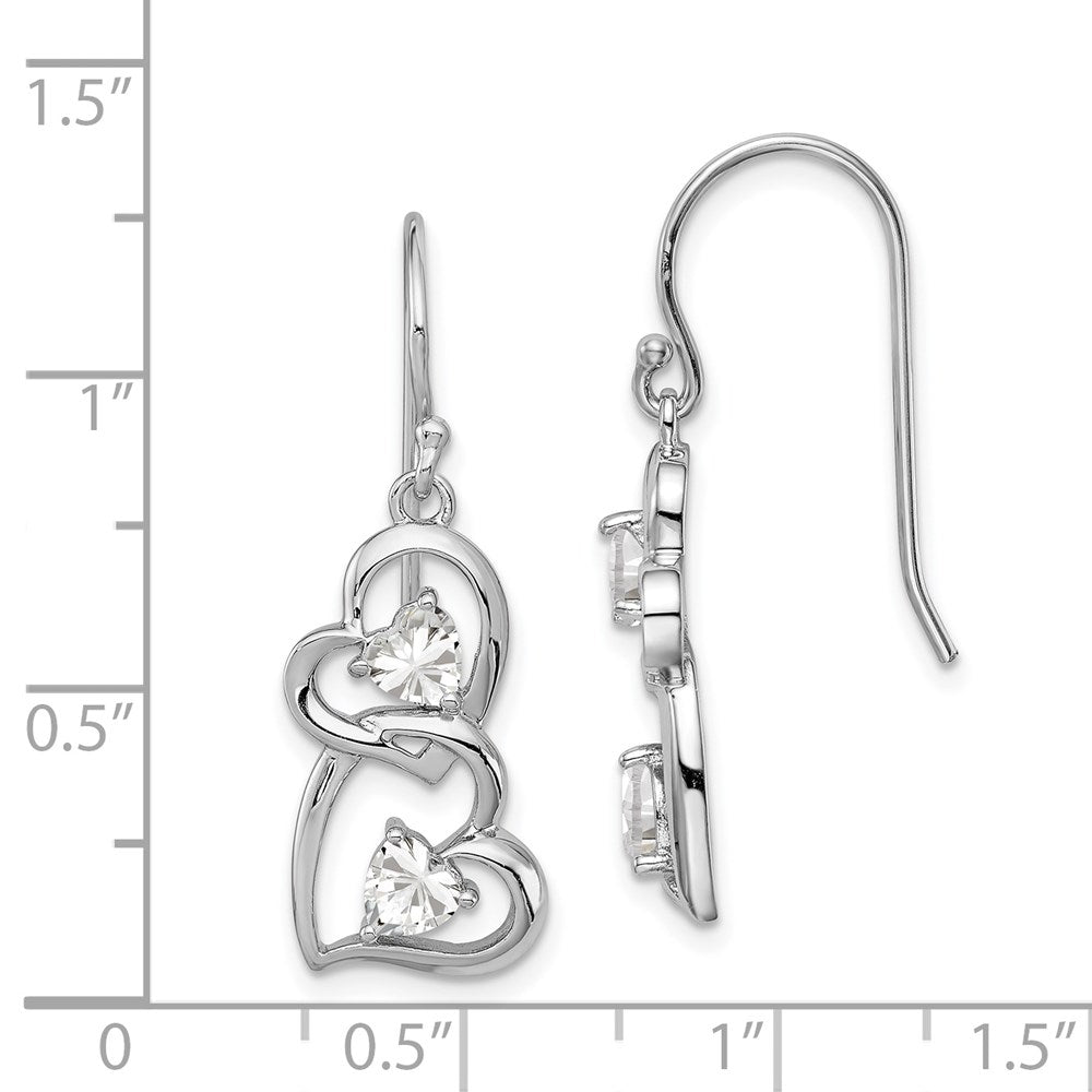 Sterling Silver RH-plated CZ Heart Dangle Shepherd Hook Earrings