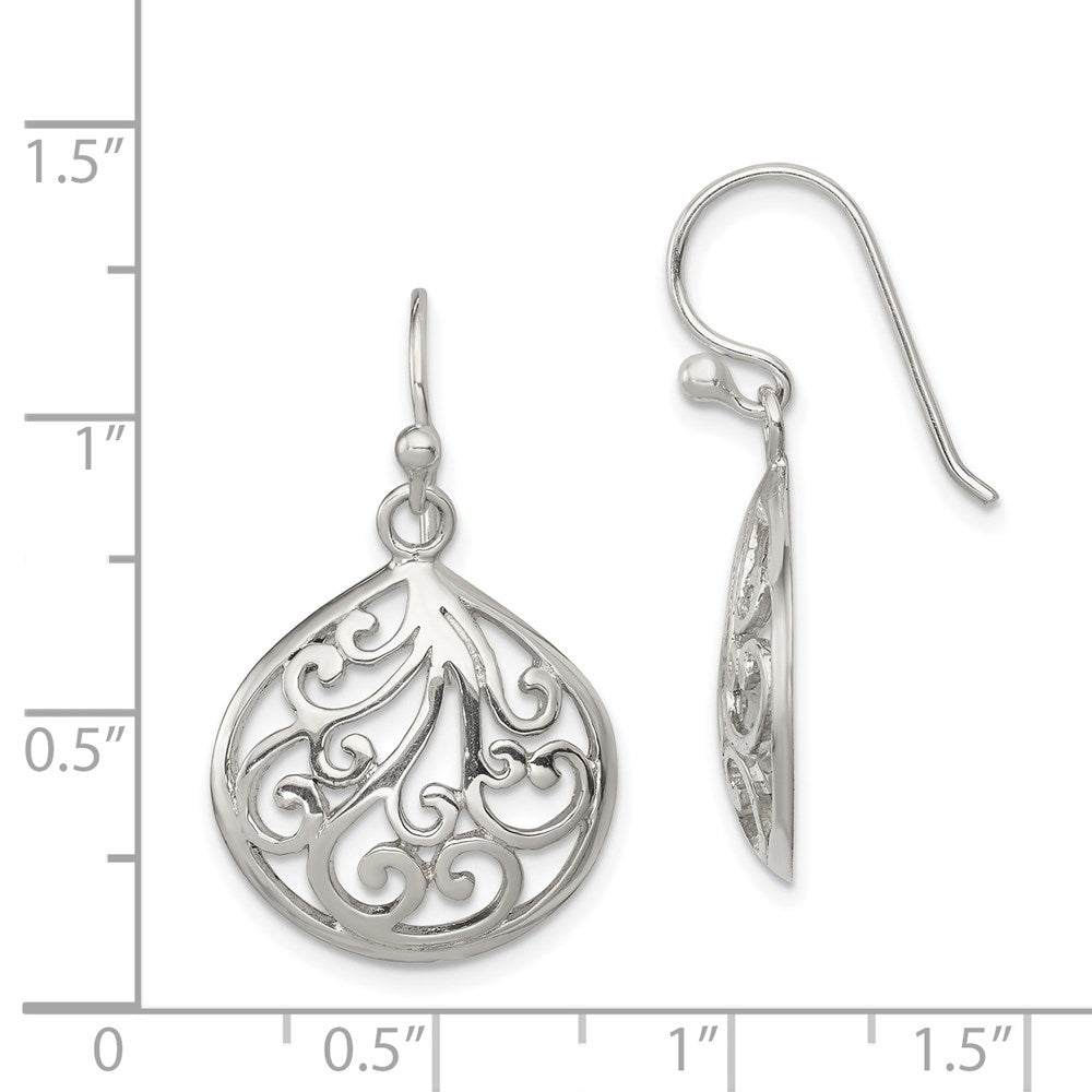 Sterling Silver Polished Filigree Swirl Wide Teardrop Dangle Earrings
